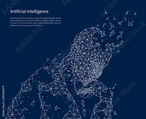 Artificial intelligence poster illuminated vector. People made of geometric shapes, intellect of futuristic programmes and robots. Thinking systems