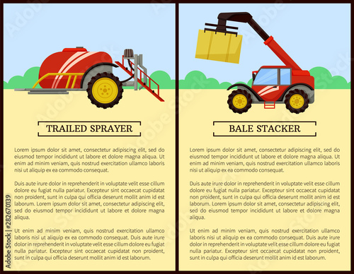 Trailed sprayer and bale stacker machinery for soil works. Posters set with text sample and machines with compressed hay. Baler farming device vector