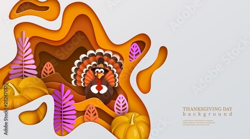 Happy thanksgiving orange multi layered background with traditional turkey, pumpkin, stylized autumn leaves and plants isolated on white background. Harvest decoration vector design EPS10