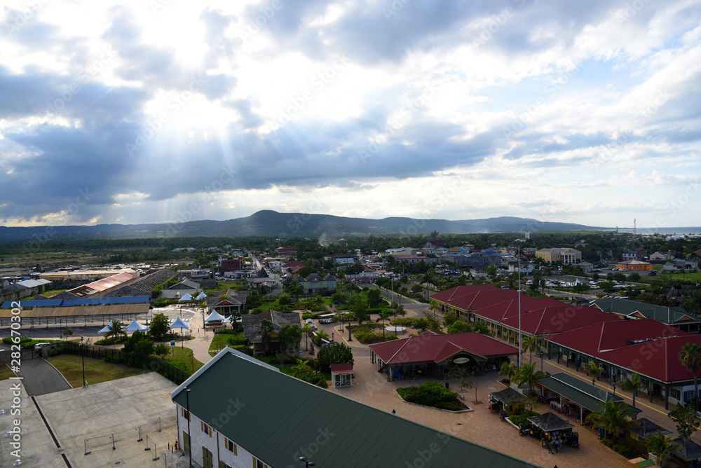 Fototapeta premium Falmouth Cruise Port wide angle with sunshine from cloud, Falmouth, Jamaica.