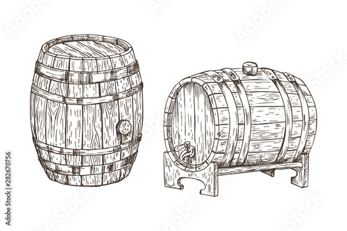 Oak containers for alcohol storage, graphic art isolated on white background vector illustration, wooden casks with metal stripes and round corks