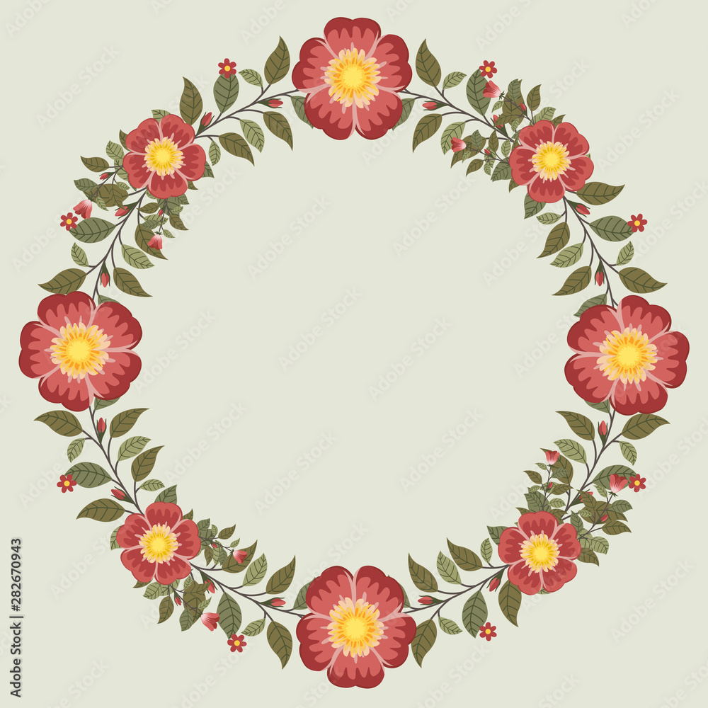 Floral greeting card and invitation template for wedding or birthday, Vector circle shape of text box label and frame, Red rosa gallica flowers wreath ivy style with branch and leaves. Floral greeting card and invitation template for wedding or birthday, Vector circle shape of text box label and frame, Red rosa gallica flowers wreath ivy style with branch and leaves.