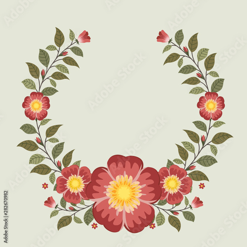 Floral greeting card and invitation template for wedding or birthday  Vector circle shape of text box label and frame  Red rosa gallica flowers wreath ivy style with branch and leaves.