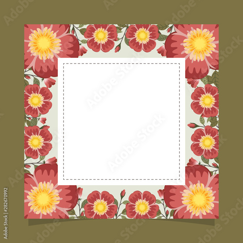 Floral greeting card and invitation template for wedding or birthday  Vector square shape of text box label and frame  Red rosa gallica flowers wreath ivy style with branch and leaves.