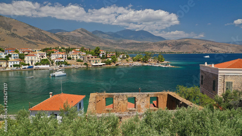 Aerial drone photo from picturesque seaside fishing village and port of historic Galaxidi, Fokida, Greece