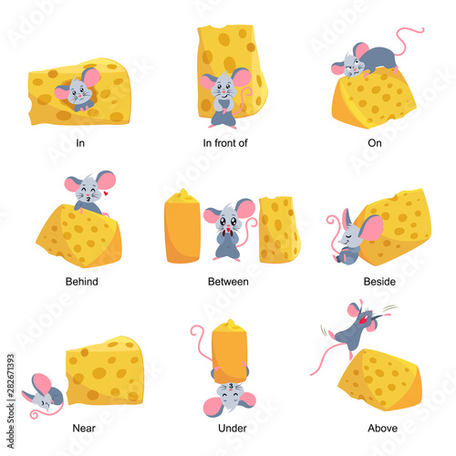 English language preposition set, educational activity with mouse photo