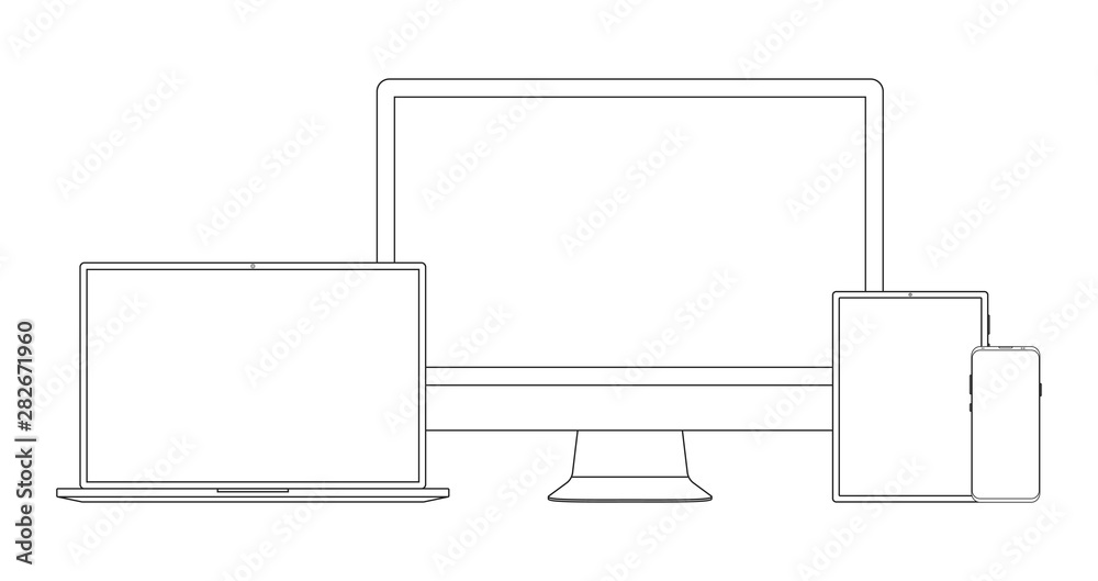 Outline icon set of modern devices - desktop computer monitor, laptop, tablet, smartphone. Electronic mock up gadgets isolated on white background. Template for presentation, web design, ui kits.