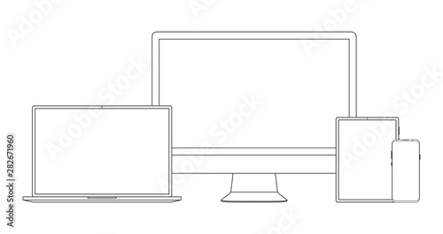 Outline icon set of modern devices - desktop computer monitor, laptop, tablet, smartphone. Electronic mock up gadgets isolated on white background. Template for presentation, web design, ui kits.