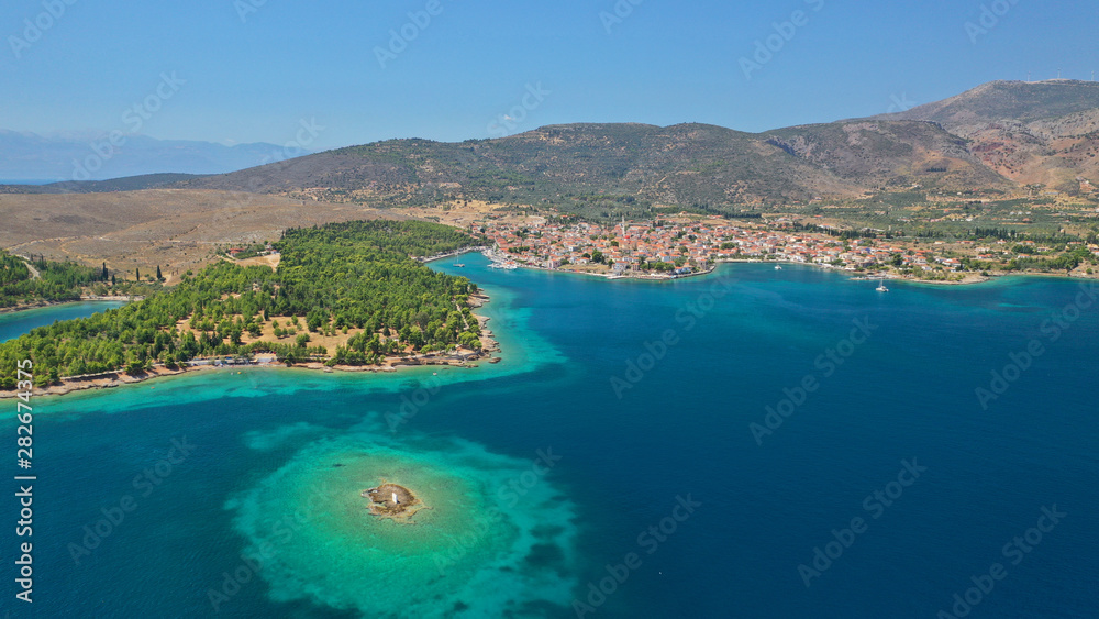 Obraz premium Aerial drone photo from picturesque seaside fishing village and port of historic Galaxidi, Fokida, Greece