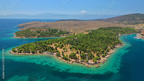 Aerial drone photo of famous seaside area and forest of Kentri in picturesque village and port of Galaxidi  Fokida  Greece