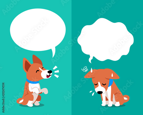 Cartoon character basenji dog expressing different emotions with speech bubbles for design.