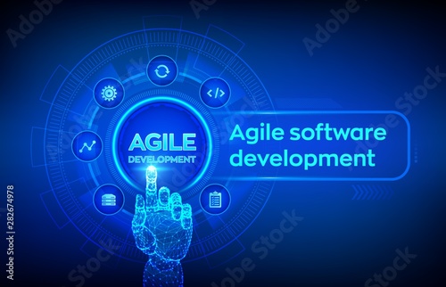 Agile software development methodology concept on virtual screen. Digital technology, big data concept. Flexible developing process. Robotic hand touching digital interface. Vector illustration.