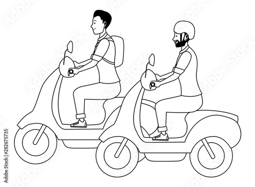 People riding scooters motorcycles cartoon in black and white