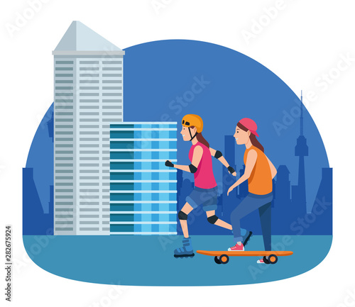 Young people on skateboard and skates