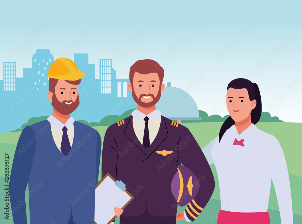 Professionals workers characters smiling cartoons Professionals workers characters smiling cartoons