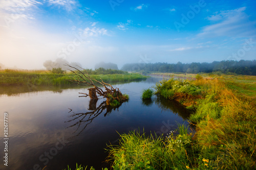Sunrise concept. River flows in rural area on foggy morning. Ecology issue