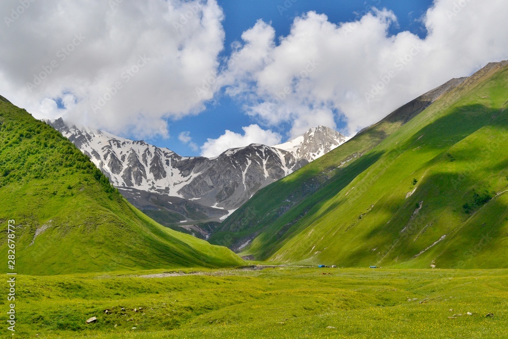 Beautiful Truso valley with meadows and high mountains, Georgia.