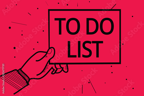 Conceptual hand writing showing To Do List. Business photo text A structure that usualy made in paper contining task of yours Man holding paper communicating information dotted red background photo