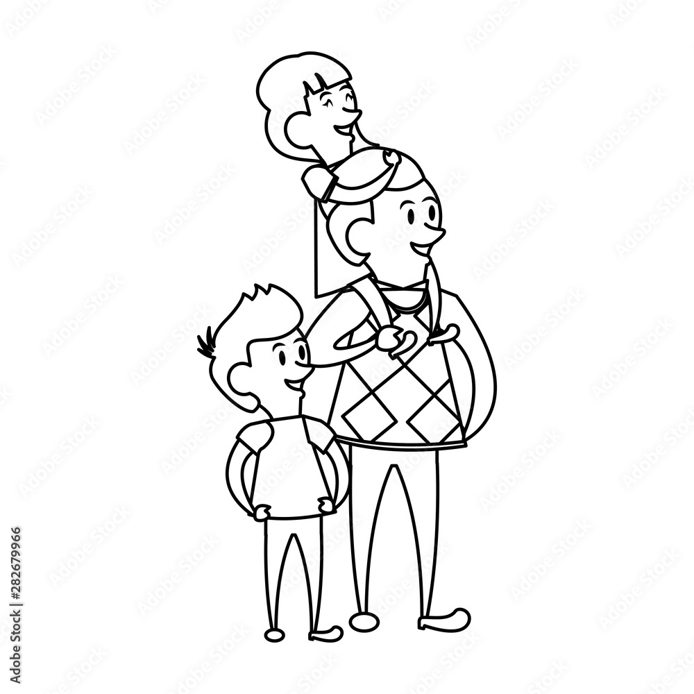 fathers day family celebration cartoon in black and white