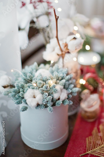blue bouquet of dried flowers and cotton