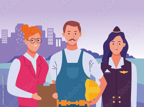 Professionals workers characters smiling cartoons