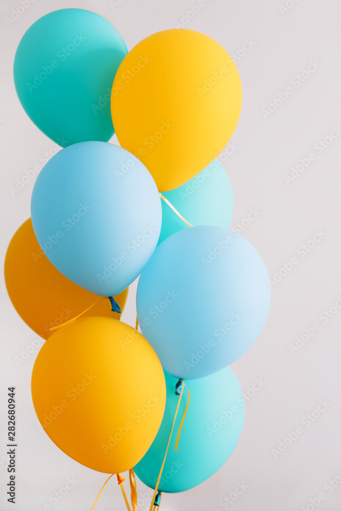 Colorful balloons. Festive or party background. Birthday greeting card. Concept of happiness, joy, birthday. Copy Space 