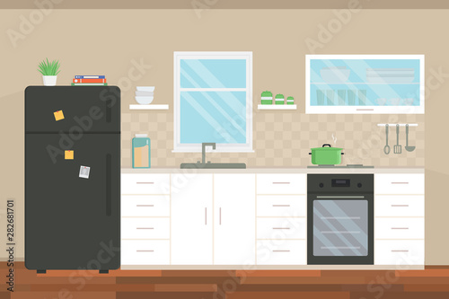 Modern kitchen interior with furniture and appliances. Cooking equipment, dishes. Oven and fridge. Culinary theme. Home design. 