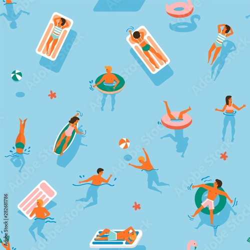 Summer time beach pattern in vector. People swimming, have a fun, sunbathing and relaxing in the ocean.