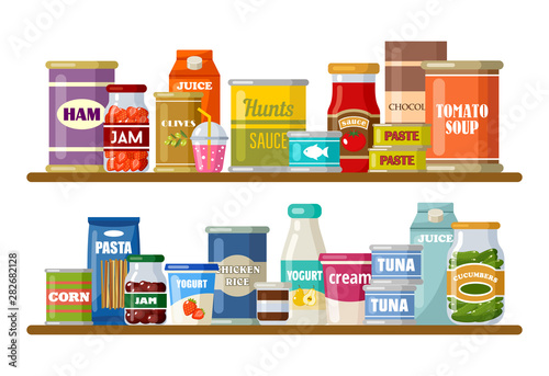 Supermarket, shelves with products and drinks