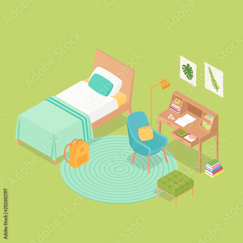 Colorful isometric bedroom in green. Vector illustration in flat design, isolated.