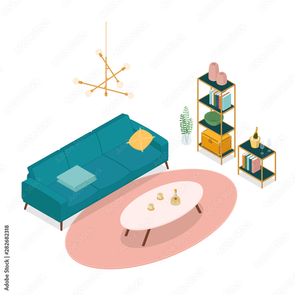 Isometric living room on white. Vector illustration in flat design ...