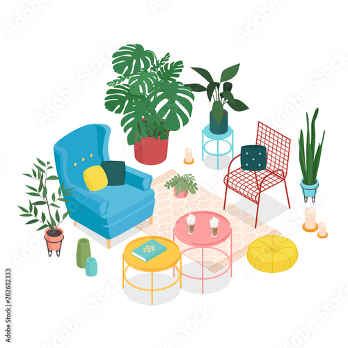 Colorful isometric sun room on white. Vector illustration in flat design.