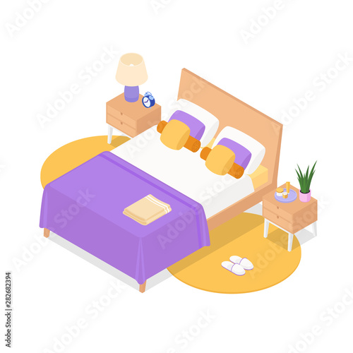 Isometric bedroom on white. Vector illustration in flat design.