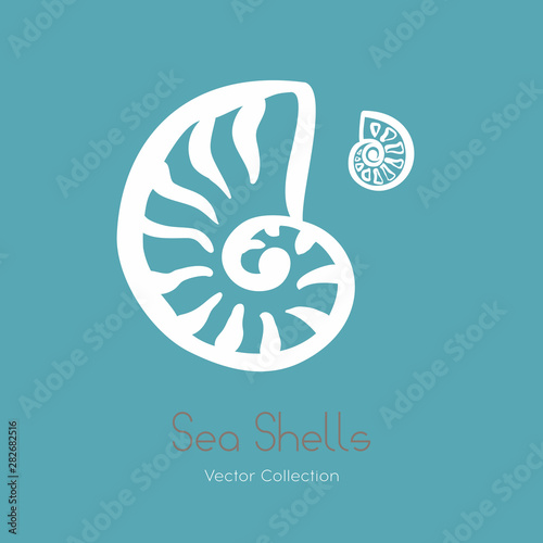 Fossil ammonite nautilus seashell vector logo set. Isolated vector of seashells, ancient ammonite fossil logo, card. Hand drawn illustration spa salon, seafood cafe, restaurant, corporate identity.