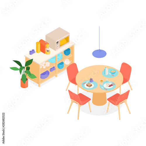 Colorful warm isometric dinning space on white. Vector illustration in flat design, isolated.