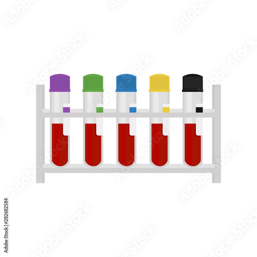 A set Medical test tubes with blood in rack. Laboratory study of blood, analysis and diagnosis of the patient. Special equipment for medicine, pharmacy, biology and chemistry. Vector illustration.