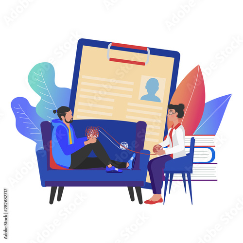 Psychology service, consultation talking to psychologist, private counseling, family psychology concept. Psychologist woman and young man patient in therapy session in cabinet.