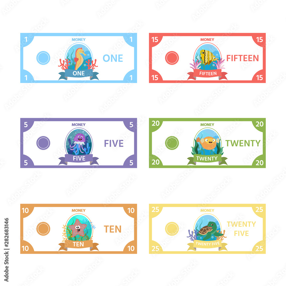Vector set of paper money for children's games with cute sea Horse, turtle, a fish, jellyfish, starfish. Activity sheet for kids. Matching education game for children.
