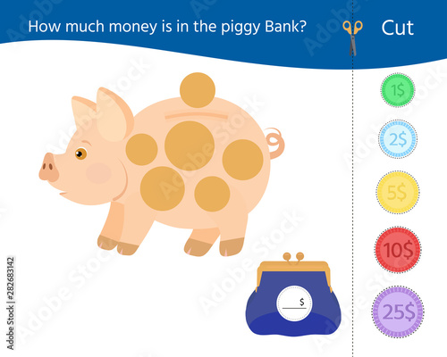 Matching education game for kids. Count the coins in piggy bank. Activity sheet. An evolving economic game for preschoolers. Vector illustration