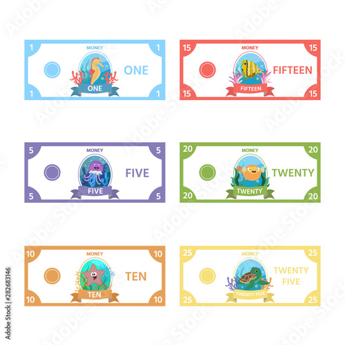 Vector set of paper money for children's games with cute sea Horse, turtle, a fish, jellyfish, starfish. Activity sheet for kids. Matching education game for children.