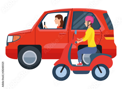 Vehicle and motorcycle with drivers riding © Jemastock