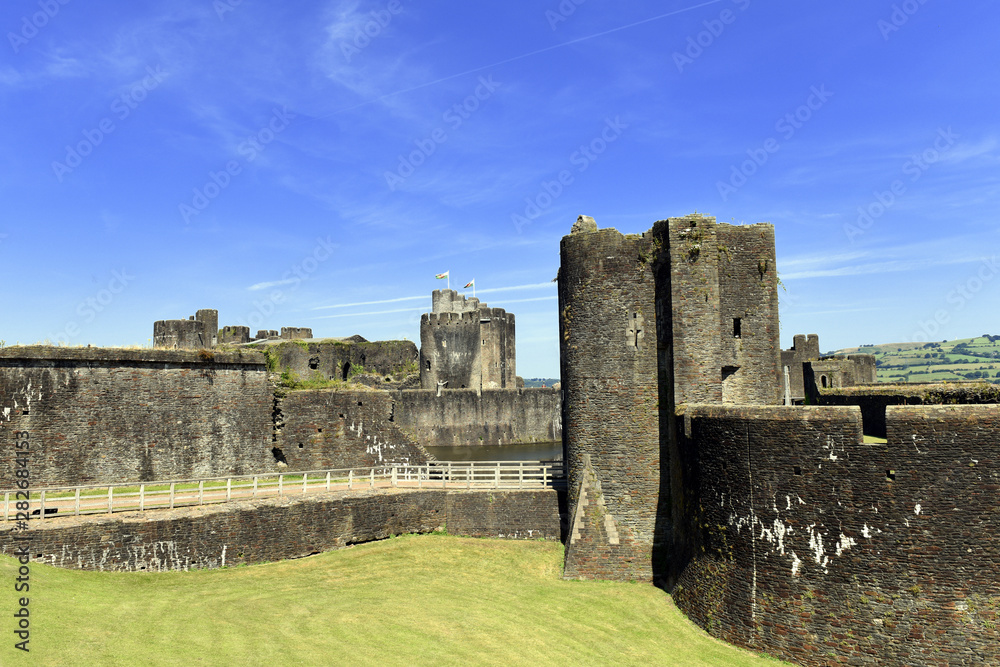 Caerphilly Castle from the 13th century in Caerphilly near Cardiff, Wales, UK