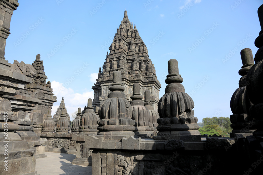 Jogjakarta, Indonesia - June 23, 2018: View of the Hindu temple complex of Prambanan, near Jogjakarta