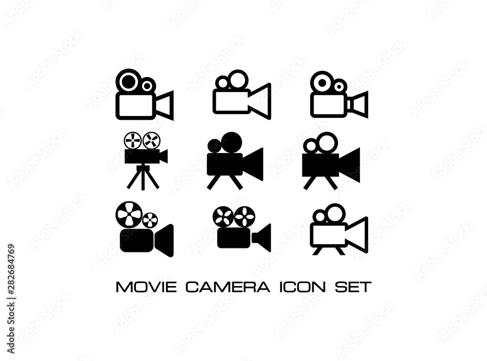 Set of Simple Black Movie Camera Icon. Consisting of Nine Icon Illustration Camera Icon in Trendy Flat Isolated on White Background.- Vector Set of Simple Black Movie Camera Icon. Consisting of Nine Icon Illustration Camera Icon in Trendy Flat Isolated on White Background.- Vector