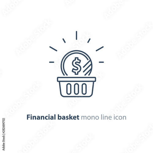 Dollar coin in basket, financial concept, investment plan, revenue increase, line icon