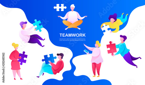 A crowd of people is assembling a puzzle. Teamwork and management. Creative process and design. Vector template for banner, web page, poster. Colorful modern illustration. © sweet kiwi