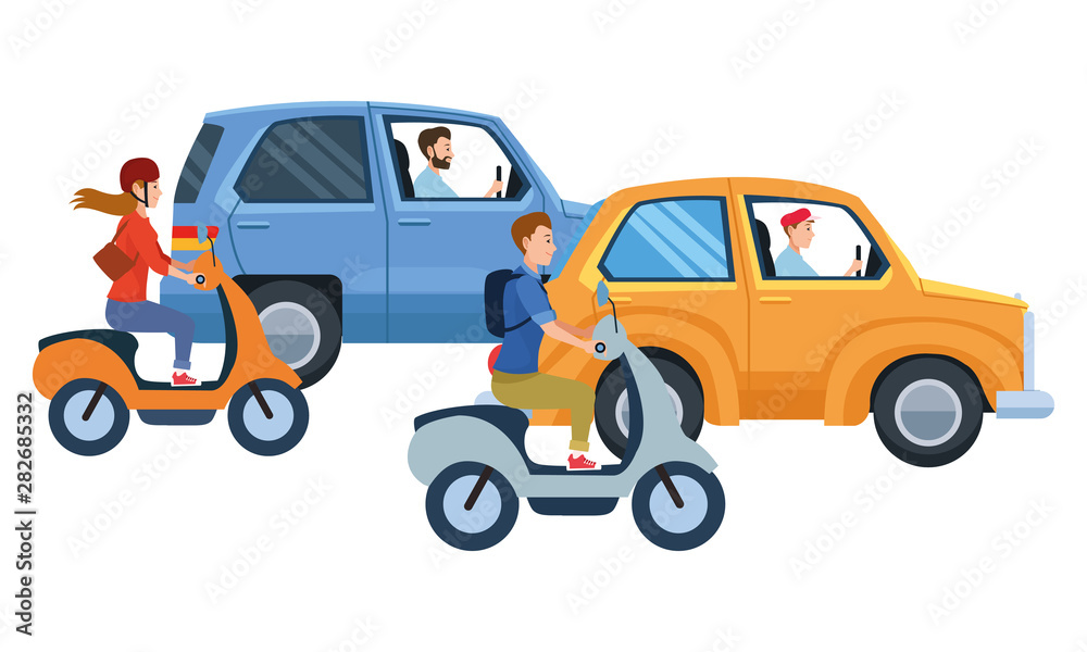 Fototapeta premium Vehicles and motorcycles with drivers riding
