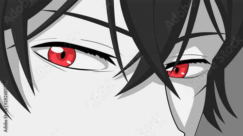 Cartoon face with red eyes. Vector illustration for anime, manga in japanese style photo