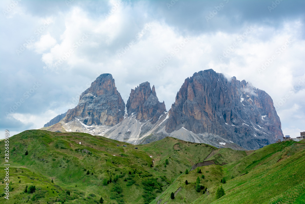 Langkofel or Sassolungo massif in Dolomites. Italy, Trentino Alto-Adige