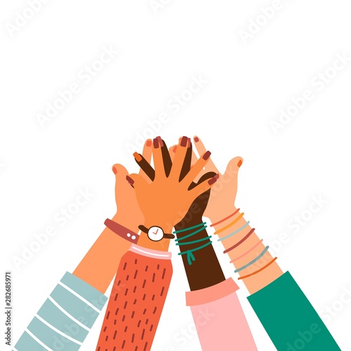 Hands together - set of different races raised up hands. The concept of education, business training, volunteering charity, party.